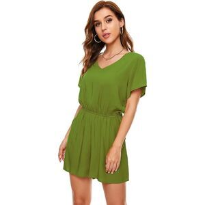 LAC RETTBA V-Neck Avocado Green Flutter Sleeve Romper With Pocket Sz 2XL